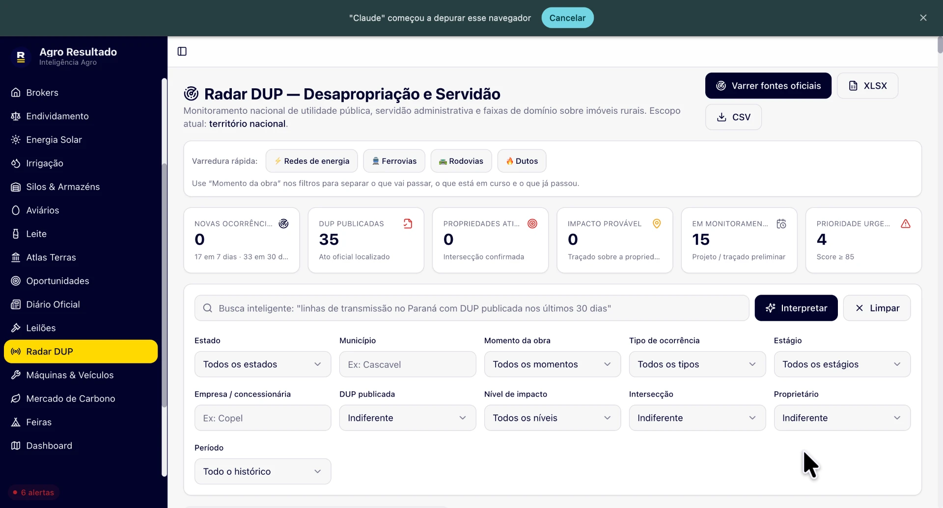 Tela do sistema: Radar DUP de desapropriação e servidão, com filtros de estado, município, momento da obra e tipo de ocorrência