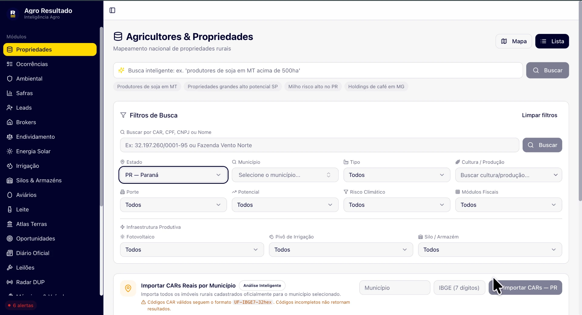 Tela de busca de propriedades com filtros por estado, município, cultura, porte e infraestrutura